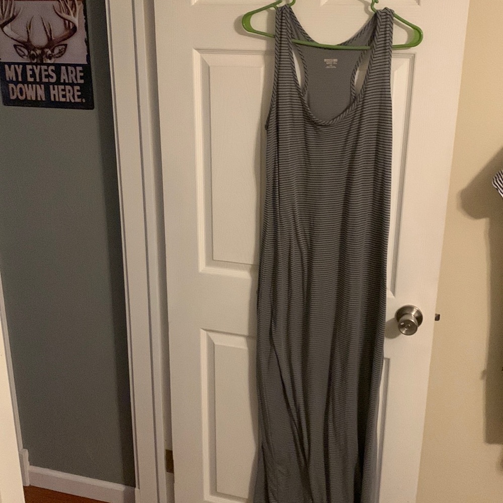 gray with black striped razor back maxi dress